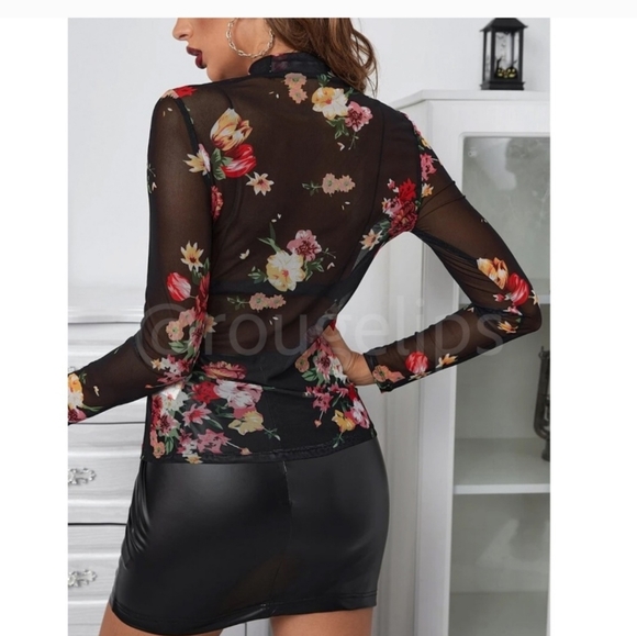 Black Mesh Floral Print Long Sleeve Top - Picture 3 of 6